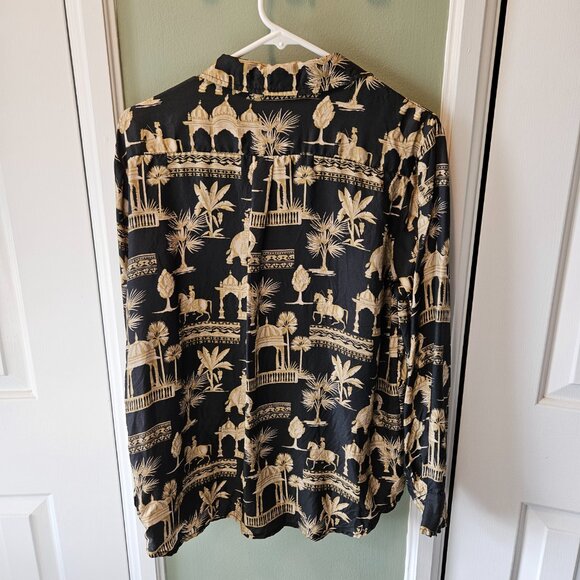 J. McLaughlin Denver Silk Blend Shirt Blouse Black Tan Large L India Work Casual - Picture 4 of 9